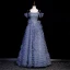 Sexy Ocean Blue Cascading Ruffles Beading Sequins Prom Dresses 2023 A-Line / Princess Off-The-Shoulder Short Sleeve Backless Floor-Length / Long Flower Girl Dresses