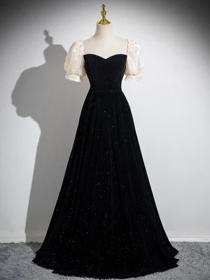 Élégant Noire Glitter Robe De Bal 2024 Princesse Encolure Carrée Manches Courtes Dos Nu Longue Promo Robe De Ceremonie