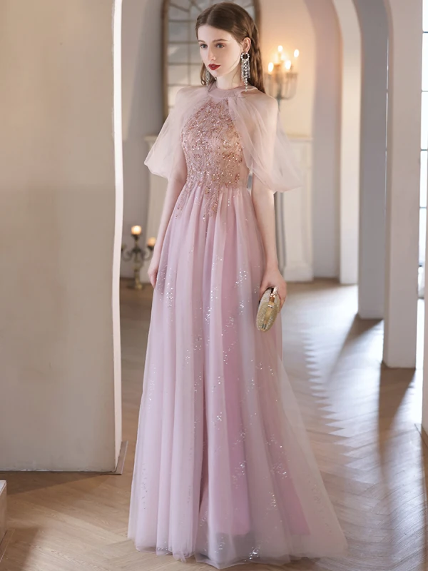 Chic / Beautiful Blushing Pink Beading Sequins Prom Dresses 2023 A-Line / Princess Scoop Neck Sleeveless Floor-Length / Long Prom Formal Dresses