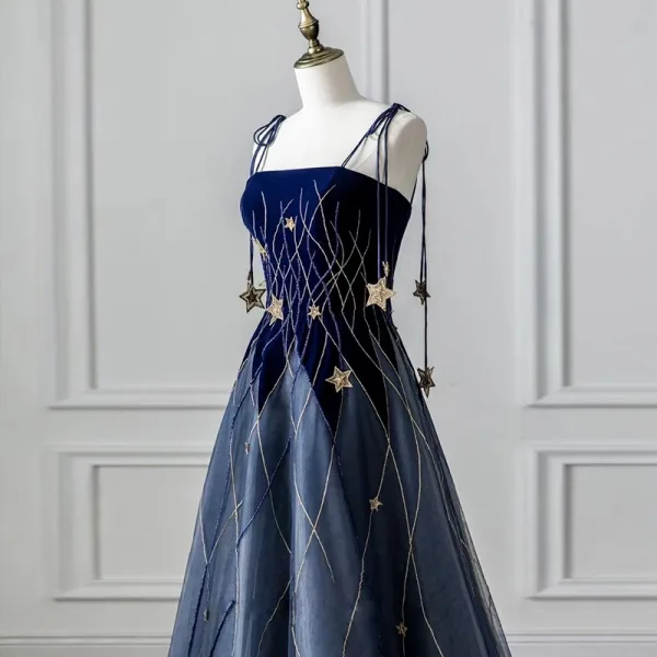 Fashion Navy Blue Star Beading Prom Dresses 2025 A-Line / Princess Spaghetti Straps Sleeveless Backless Floor-Length / Long Prom Formal Dresses