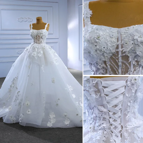 High-end White Beading Pearl Sequins Lace Flower Appliques Wedding Dresses 2023 Ball Gown Spaghetti Straps Sleeveless Backless Court Train Wedding