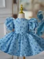 Chic / Beautiful Pool Blue Printing Birthday Short Flower Girl Dresses 2023 Ball Gown Scoop Neck Puffy Short Sleeve Bow
