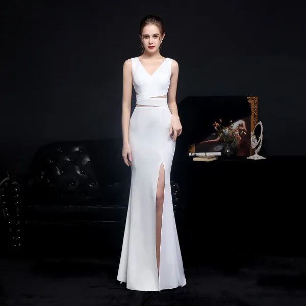 Sexy Black Beading Split Front Evening Dresses 2022 Trumpet / Mermaid V-Neck Sleeveless Backless Floor-Length / Long Evening Party Formal Dresses