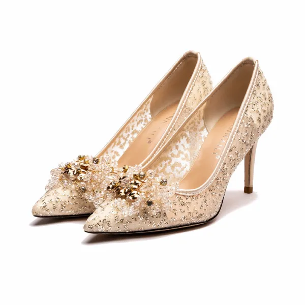 Charming Champagne Lace Pearl Sequins Wedding Shoes 2022 Rhinestone 8 cm Stiletto Heels Pointed Toe Wedding Pumps High Heels