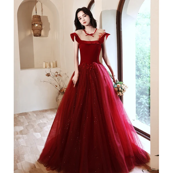 Chic / Belle Bordeaux Paillettes Robe De Bal 2023 Princesse Encolure Dégagée Sans Manches Dos Nu Longue Promo Robe De Ceremonie
