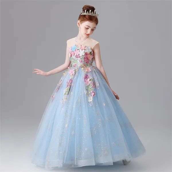 Flower Fairy Sky Blue Sequins Lace Flower Appliques Birthday Flower Girl Dresses 2025 Ball Gown Scoop Neck Sleeveless Floor-Length / Long