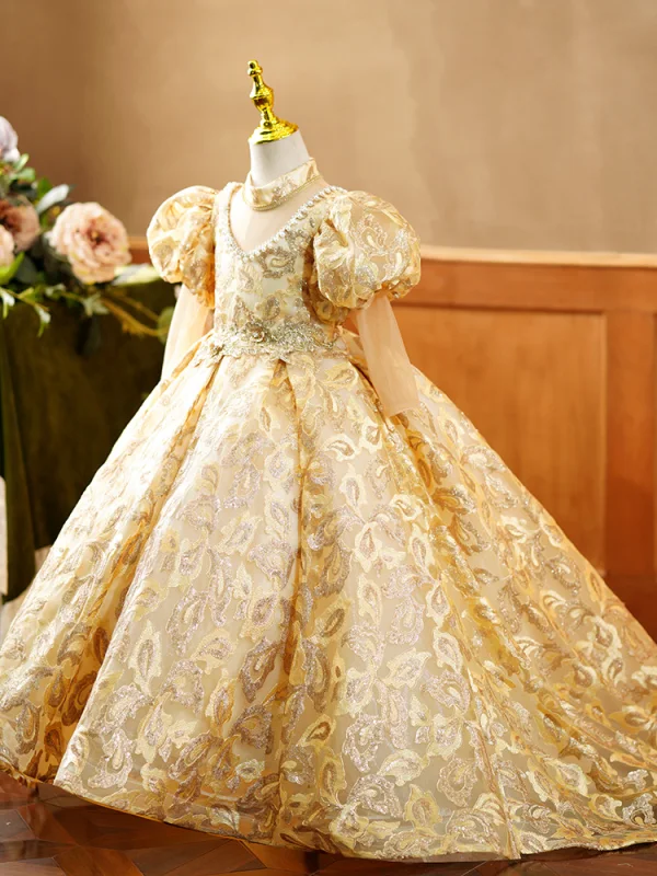 High-end Gold Beading Pearl Rhinestone Sequins Birthday Flower Girl Dresses 2023 Ball Gown High Neck Puffy 3/4 Sleeve Floor-Length / Long Flower Girl Dresses