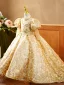High-end Gold Beading Pearl Rhinestone Sequins Birthday Flower Girl Dresses 2023 Ball Gown High Neck Puffy 3/4 Sleeve Floor-Length / Long Flower Girl Dresses