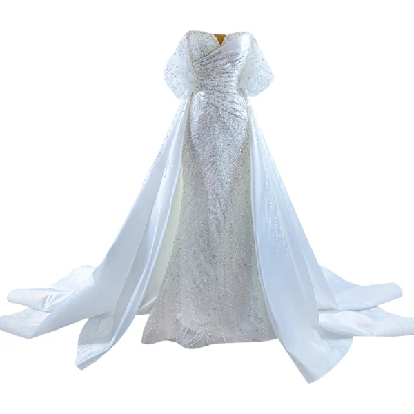 Charming White Trumpet / Mermaid Wedding Dresses 2022 Off-The-Shoulder Puffy Short Sleeve Backless Beading Pearl Sequins Floor-Length / Long Wedding