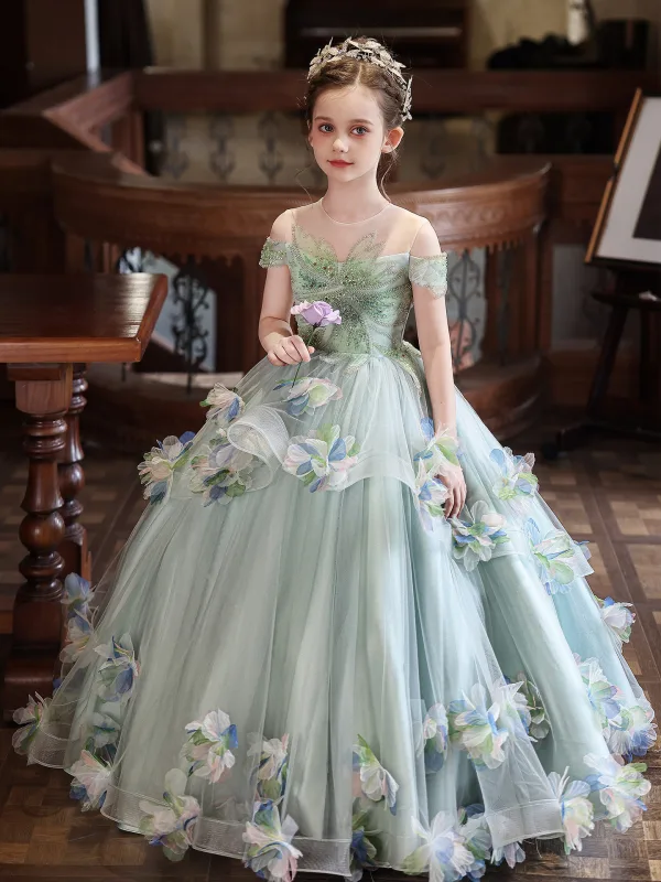 Flower Fairy Sage Green Beading Appliques Birthday Flower Girl Dresses 2026 Ball Gown Scoop Neck Sleeveless Floor-Length / Long Tulle
