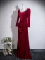 Modest / Simple Red Velvet Prom Dresses 2026 A-Line / Princess Square Neckline 3/4 Sleeve Backless Floor-Length / Long Formal Dresses