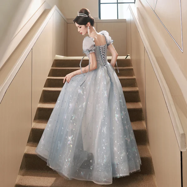 Chic / Beautiful Sky Blue Beading Lace Flower Butterfly Prom Dresses 2023 A-Line / Princess Square Neckline Short Sleeve Backless Floor-Length / Long Prom Formal Dresses