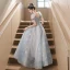 Chic / Beautiful Sky Blue Beading Lace Flower Butterfly Prom Dresses 2023 A-Line / Princess Square Neckline Short Sleeve Backless Floor-Length / Long Prom Formal Dresses