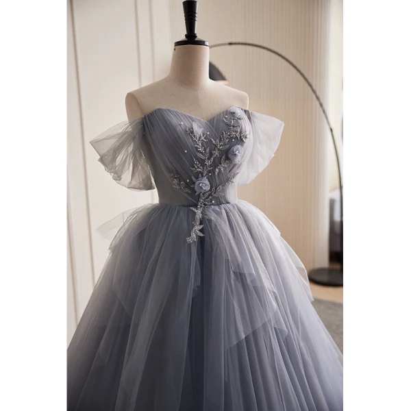 Chic / Belle Argenté Gris Perlage Perle Paillettes Appliques Plissée Robe De Bal 2023 Robe Boule De l'épaule Sans Manches Dos Nu Train De Balayage Promo