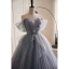 Chic / Belle Argenté Gris Perlage Perle Paillettes Appliques Plissée Robe De Bal 2023 Robe Boule De l'épaule Sans Manches Dos Nu Train De Balayage Promo