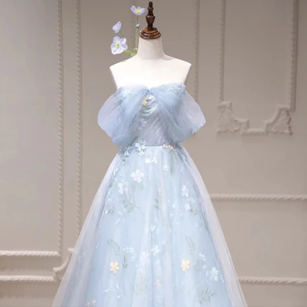 Flower Fairy Sky Blue Appliques Prom Dresses 2023 A-Line / Princess Off-The-Shoulder Sleeveless Backless Floor-Length / Long Prom Formal Dresses