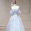 Flower Fairy Sky Blue Appliques Prom Dresses 2023 A-Line / Princess Off-The-Shoulder Sleeveless Backless Floor-Length / Long Prom Formal Dresses