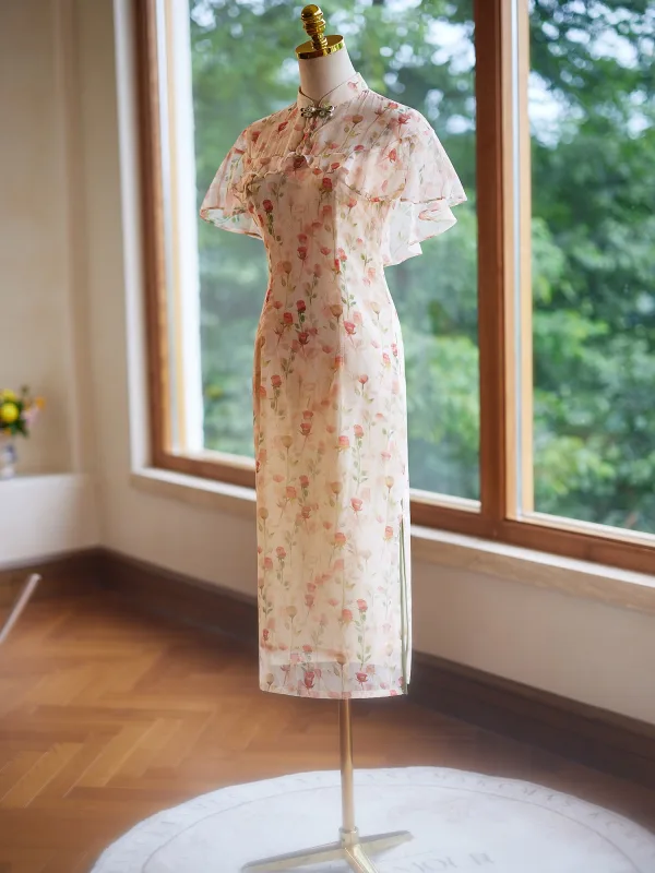 Style Chinois Chic / Belle Beige Impression Cheongsam 2024 Trompette / Sirène Col Haut Manches Courtes Longue