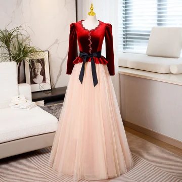 Elegant Burgundy Velour Suede Winter Prom Dresses 2023 A Line Princess Scoop Neck Beading Bow Sash Long Sleeve Floor Length Long Prom Formal Dresses