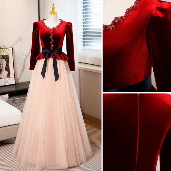 Elegant Burgundy Velour Suede Winter Prom Dresses 2023 A-Line Princess Scoop Neck Bow