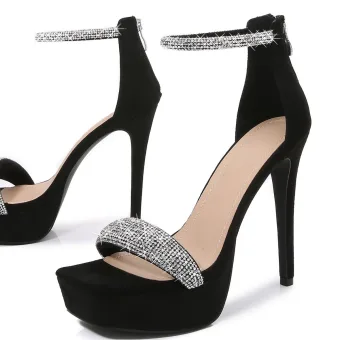 Charmant Noire Été Soirée Sandales Femme 2022 Faux Diamant Bride Cheville 12 Cm Talons Aiguilles Peep Toes Bout Ouvert Sandales Talons Hauts