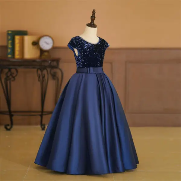 Vintage / Retro Navy Blue Sequins Birthday Flower Girl Dresses 2024 A-Line / Princess V-Neck Sleeveless Bow Sash Floor-Length / Long