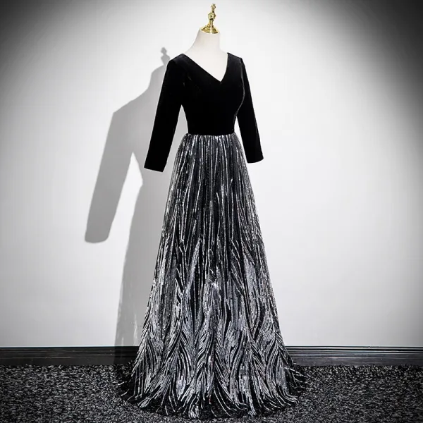 Chic / Beautiful Black Sequins Prom Dresses 2025 A-Line / Princess V-Neck Long Sleeve Backless Floor-Length / Long Prom Formal Dresses