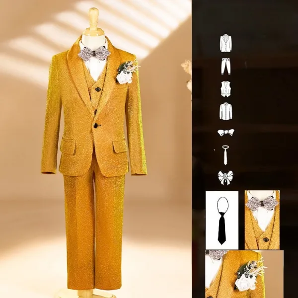 Glitter Yellow Fall Winter 6-piece Long Sleeve Boys Wedding Suits 2025 Body Jewellery Coat Necklace Pants Shirt Tie Vest