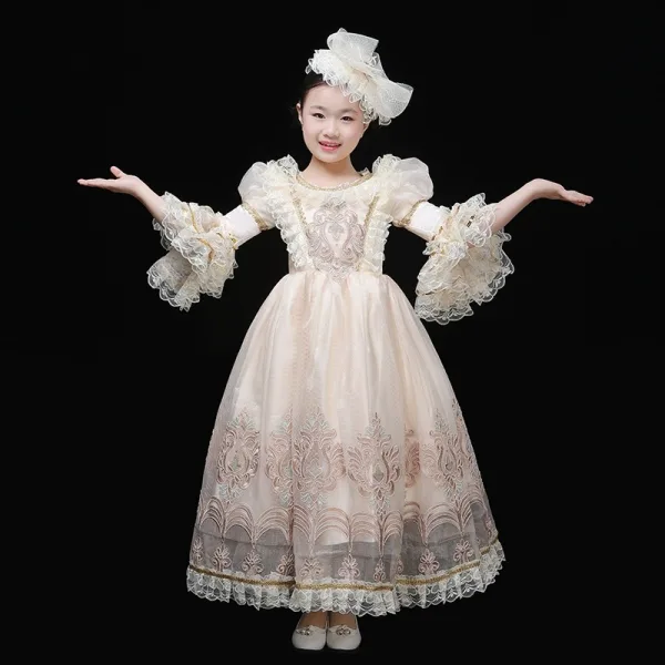Vintage / Retro Medieval Champagne Flower Girl Dresses 2024 3D Lace Printing Floor-Length / Long High Neck 1/2 Sleeves A-Line / Princess Wedding Cosplay Prom Ball Gown Wedding Party Dresses