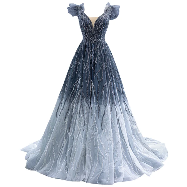 High-end Gradient-Color Grey Beading Sequins Evening Dresses 2022 A-Line / Princess V-Neck Sleeveless Backless Court Train Evening Party Formal Dresses