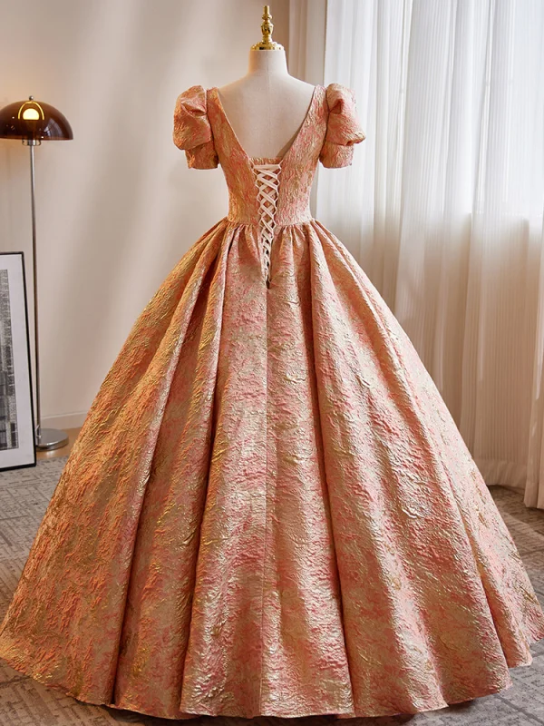 Fashion Orange Prom Dresses 2023 Ball Gown Square Neckline Short Sleeve Backless Floor-Length / Long Prom Formal Dresses