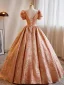 Fashion Orange Prom Dresses 2023 Ball Gown Square Neckline Short Sleeve Backless Floor-Length / Long Prom Formal Dresses