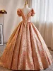 Fashion Orange Prom Dresses 2023 Ball Gown Square Neckline Short Sleeve Backless Floor-Length / Long Prom Formal Dresses