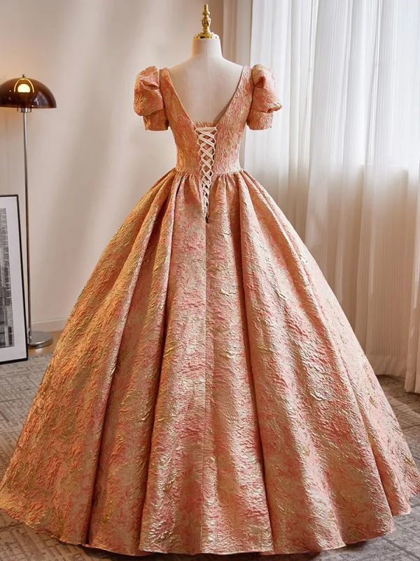Chic / Beautiful Orange Beading Prom Dresses 2024 Ball Gown Square Neckline Puffy Short Sleeve Backless Floor-Length / Long Prom Formal Dresses