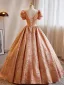 Chic / Beautiful Orange Beading Prom Dresses 2024 Ball Gown Square Neckline Puffy Short Sleeve Backless Floor-Length / Long Prom Formal Dresses