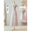 Modest / Simple Lavender Tea-length Bridesmaid Dresses 2023 A-Line / Princess Puffy Short Sleeve Backless Bow Sash Bridesmaid