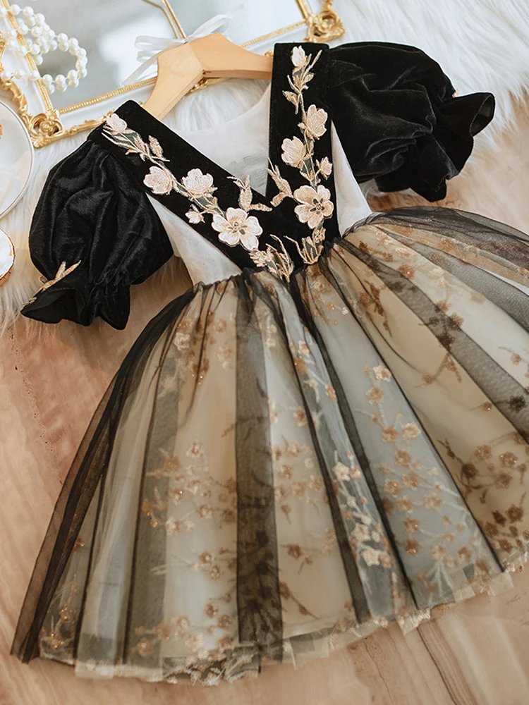 Chic Beautiful Black Lace Flower Printing Short Birthday Flower Girl Dresses  2023 Ball Gown Scoop Neck Short Sleeve Backless Tulle