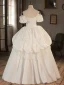 Vintage / Retro Ivory Cascading Ruffles Pearl Wedding Dresses 2024 Satin Ball Gown Spaghetti Straps Puffy Short Sleeve Backless Floor-Length / Long Wedding