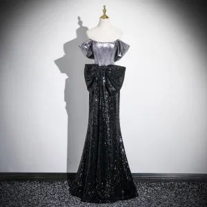 Sexy Noire Paillettes Noeud Robe De Bal Robe De Soirée 2025 Trompette Sirène De L Épaule Manches Courtes Dos Nu Longue Soirée Robe De Ceremonie