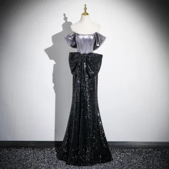 Sexy Black Sequins Bow Prom Dresses Evening Dresses 2025 Trumpet Mermaid Off The Shoulder Short Sleeve Backless Floor Length Long Evening Party Formal Dresses