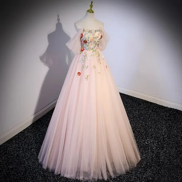 Blumenfee Rosa Pailletten Spitze Blumen Ballkleider 2023 A Linie Off Shoulder Ärmellos Rückenfreies Lange Ball Festliche Kleider