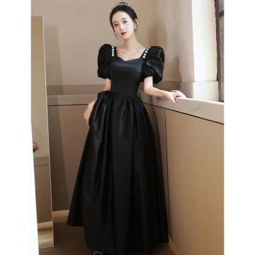 Elegant Black Satin Prom Dresses 2023 A Line Princess Square Neckline Puffy Short Sleeve Backless Floor Length Long Prom Formal Dresses