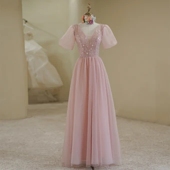 Élégant Rougissant Rose Paillettes Robe De Bal 2022 Princesse V Cou Manches Courtes Dos Nu Longue Promo Robe De Ceremonie