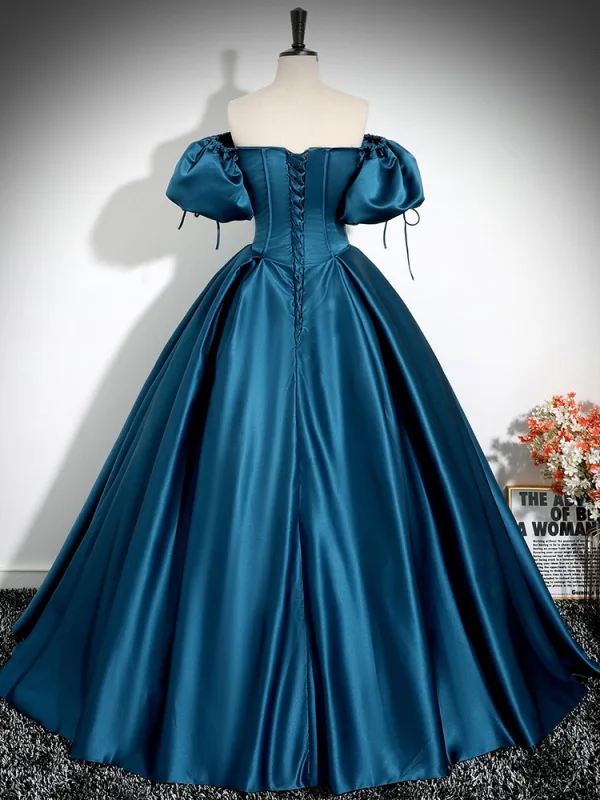 Vintage / Retro Ocean Blue Prom Dresses 2025 Ball Gown Off-The-Shoulder Puffy Short Sleeve Backless Floor-Length / Long Formal Dresses