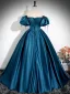 Vintage / Retro Ocean Blue Prom Dresses 2025 Ball Gown Off-The-Shoulder Puffy Short Sleeve Backless Floor-Length / Long Formal Dresses