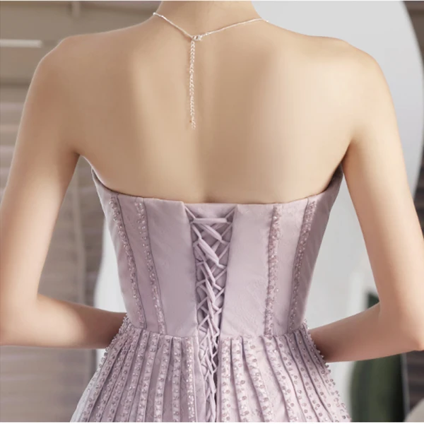 Schöne Lavendel Perlenstickerei Fallende Rüsche Abendkleider 2023 A Linie Bandeau Ärmellos Rückenfreies Sweep / Pinsel Zug Abend Festliche Kleider