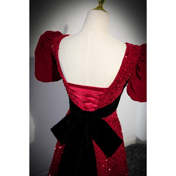 Bling Bling Burgundy Sequins Evening Dresses 2023 A-Line / Princess V-Neck Bow Short Sleeve Backless Floor-Length / Long Evening Party Formal Dresses