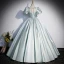 Chic / Belle Vert Cendré Satin Robe De Bal 2023 Robe Boule Encolure Carrée Gonflée Manches Courtes Dos Nu Faux Diamant Noeud Ceinture Longue Promo Robe De Ceremonie