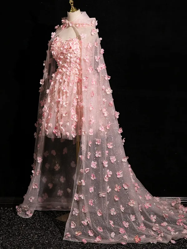 Flower Fairy Blushing Pink Appliques With Cloak Short Prom Dresses 2024 A-Line / Princess Strapless Sleeveless Backless Prom Formal Dresses