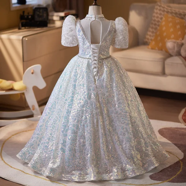 Sparkly White Rhinestone Sequins Birthday Flower Girl Dresses 2026 Ball Gown U-Neck Short Sleeve Backless Floor-Length / Long